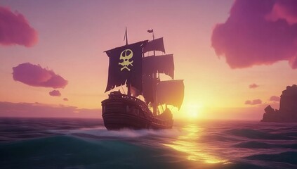 Fototapeta premium A large pirate ship sails in the ocean with a skull on its side