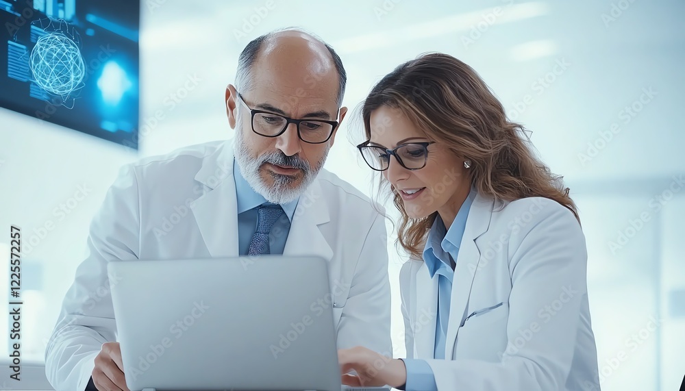 Poster two scientists collaborate on research while analyzing data on a laptop in a modern laboratory setti