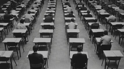 High-angle view of numerous students taking an exam in a large hall.