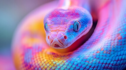 A vibrant close-up of a colorful snake. Its scales display a stunning blend of hues. This artistic representation captivates the imagination. Generative AI