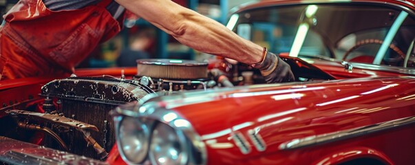 Mechanic repairing classic red car engine in garage