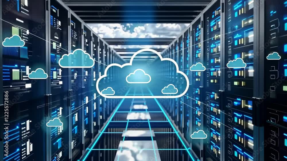 Poster a vast data center showcases rows of servers illuminated with blue lights, while digital cloud icons