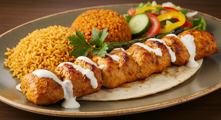 Delicious Chicken Shish Kebab with Rice, Salad, and Flatbread