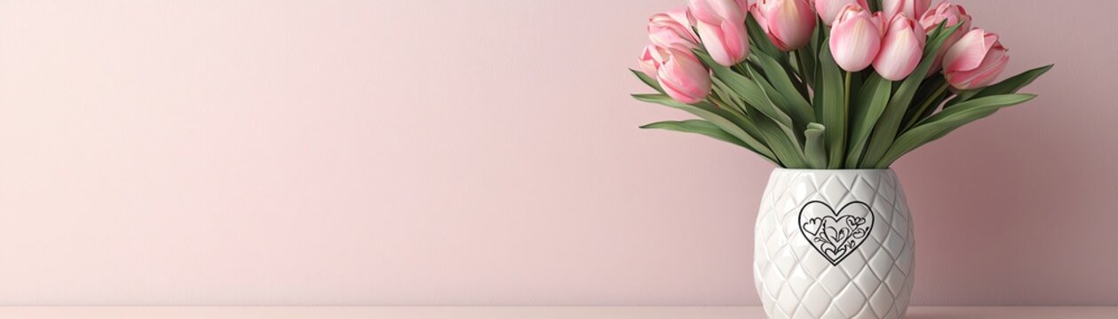 Beautiful bouquet of pink tulips in an elegant vase, perfect for interior decoration.