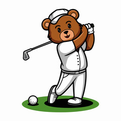 Cartoon bear playing golf with a tee and club  illustration