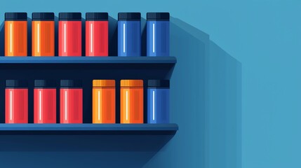 Obraz premium Brightly colored jars organized on a shelf against a blue backdrop, ideal for modern design.