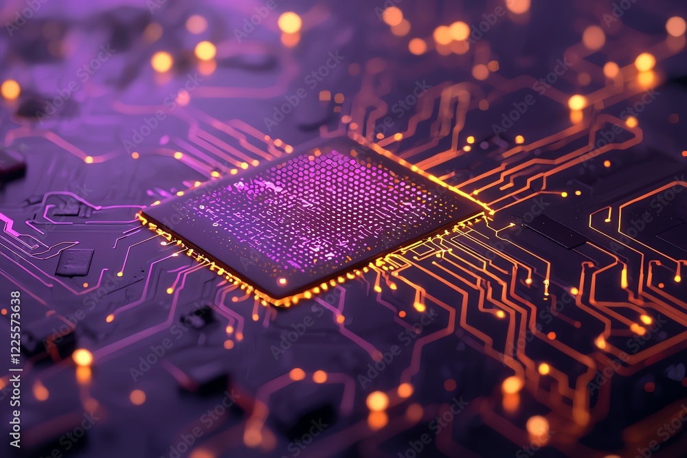Poster close-up of a glowing microchip with intricate circuitry against a vibrant background.