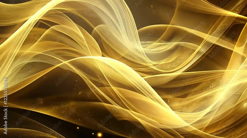 Poster flowing light patterns in golden hues create an abstract backdrop, enhanced by shimmering particles 