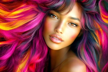 Fototapeta premium Long hairdo - multicolored hair. Pretty calm mixed-race girl - for ads, ad page and social platforms use. Commercial ad campaign idea. Vibrant hair style glamour. Black girl hair trends.
