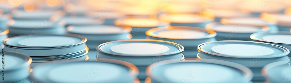 Poster close-up of metal can lids arranged in a uniform pattern under soft lighting.