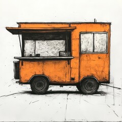 Orange food cart parked, street scene, urban setting, food service