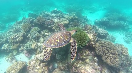 A turtle is swimming in the ocean near coral
