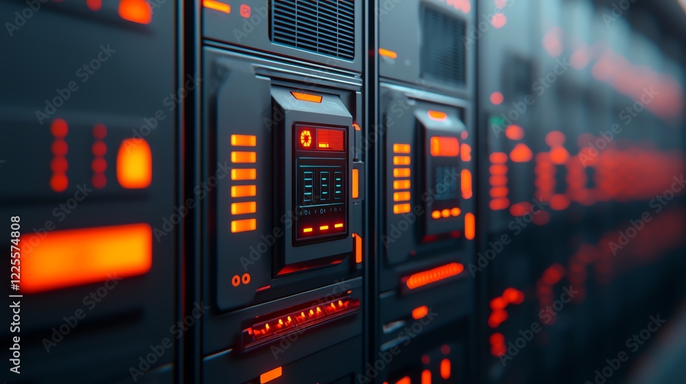 Poster close-up view of modern data center servers with illuminated panels and high-tech design.