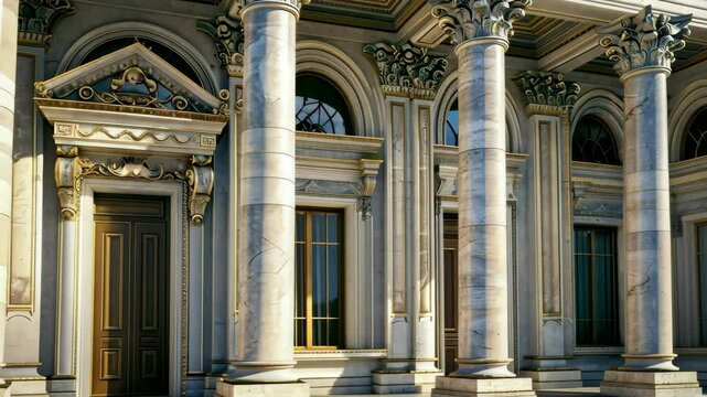 The striking marble columns and intricate details of the historical fa&Atilde;&sect;ade highlight the architectural beauty of the building under clear blue skies.