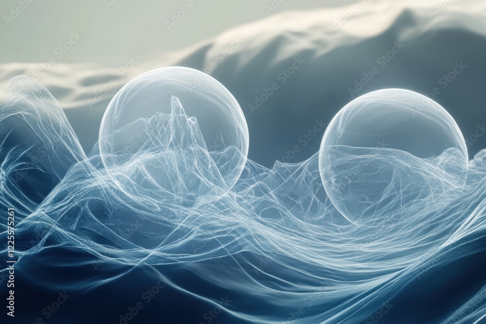 Poster Ethereal light orbs blend with flowing textures in a serene abstract setting
