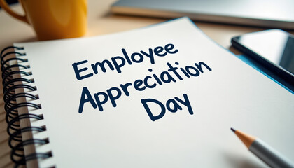 Close-up of a handwritten note on a notebook celebrating Employee Appreciation Day, representing recognition of workplace efforts.