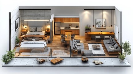 Contemporary apartment with cozy living space and modern kitchen. Generative AI