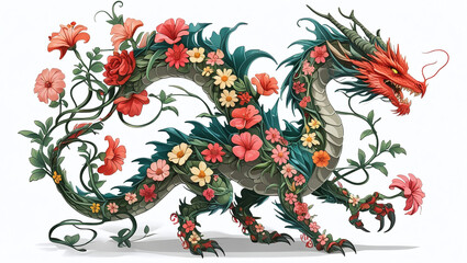 A vector artwork of a dragon whose body is composed of interwoven flowers and vines, with intricate details in the scales and petals.
