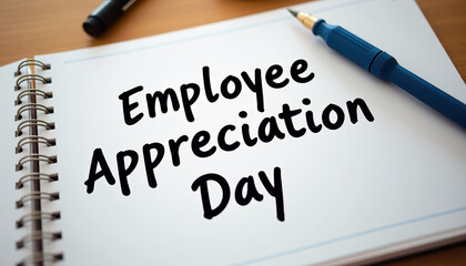 Obraz premium Notebook displaying Employee Appreciation Day message with a pen nearby, highlighting gratitude in the office environment.