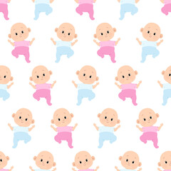 Seamless pattern of cute newborn babies in pink and blue clothes on white background