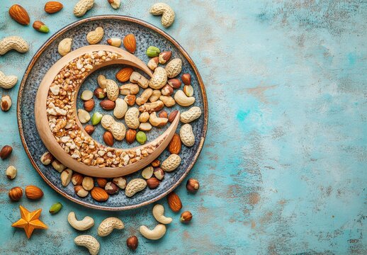 Natural wooden crescent moon shape filled with assorted nuts placed on a textured blue background with decorative star and nut mix around it