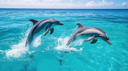 Naklejka premium Playful dolphins jumping through crystal-clear ocean waves, bright sunshine and blue skies 