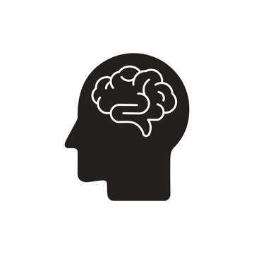 human head silhouette with brain icon, thinking, innovation symbol isolated on transparent background, Human head with brain PNG