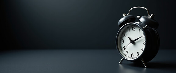 Classic vintage alarm clock placed on a dark surface, showcasing elegant design and the concept of time management in a minimalist environment.