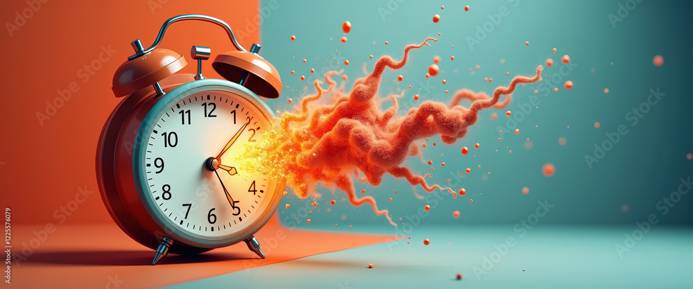 Poster innovative clock design with fiery explosion visual effect, representing the concept of time slippin