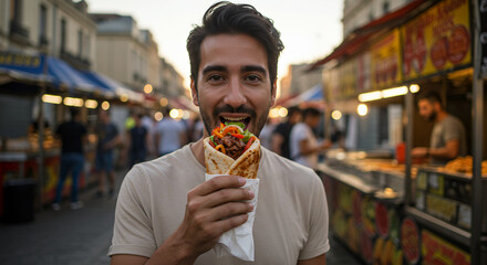 Man Enjoying Delicious Street Food Gyros at Night Market