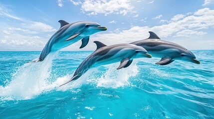 Fototapeta premium Playful dolphins jumping through crystal-clear ocean waves, bright sunshine and blue skies 