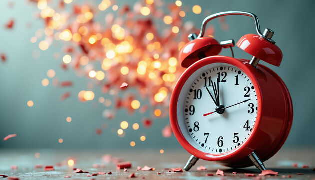 Red vintage alarm clock surrounded by creative sparks, emphasizing the concept of time and capturing explosive energy in design.