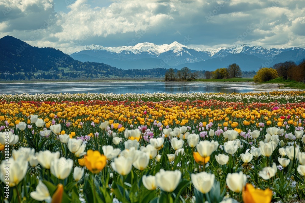 Poster colorful tulip field with snow-capped mountains and tranquil lake under a cloudy sky in springtime. 