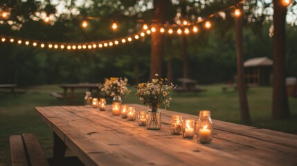 Rustic outdoor dinner table with candles, flowers, and string lights at dusk.
