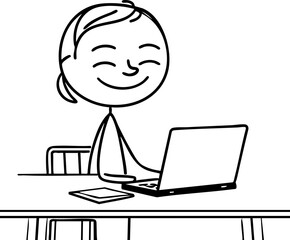 Simple line drawing of a person sitting at a table, working on a laptop in an office environment. The minimalist design emphasizes productivity, professionalism, and modern work culture. The illustrat