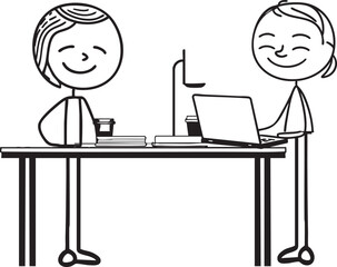Simple line drawing of a man standing at a desk working on a laptop, next to a man with coffee, in an office environment. Line drawing. Minimalistic design emphasizes productivity, professionalism and