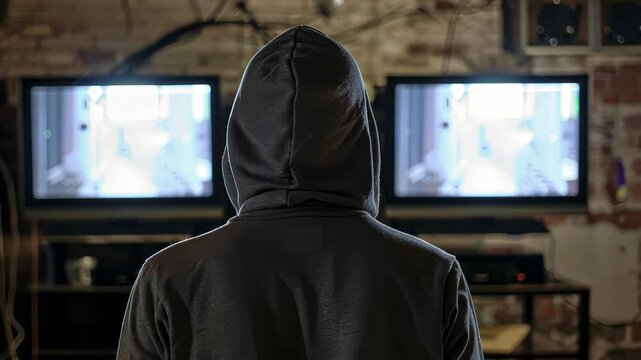 A person wearing a hoodie stands in front of two screens in a dark room, focused intently on whatever is being shown, surrounded by a rustic ambiance.