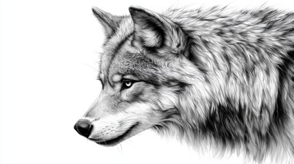 Wolf in detailed profile against a plain white background showcasing natural features and expression