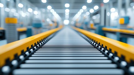 Conveyor belt in modern factory, leading to bright, industrial workspace.