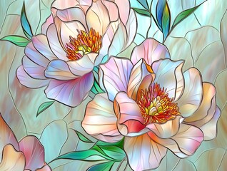 A stunning digital illustration of peony flowers in a stained glass style, featuring soft pastel colors, intricate details, and a glowing artistic effect.