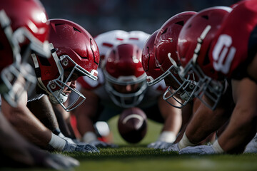 A wide-angle shot of a defensive line surging forward as the ball is snapped, their focus on the quarterback.


