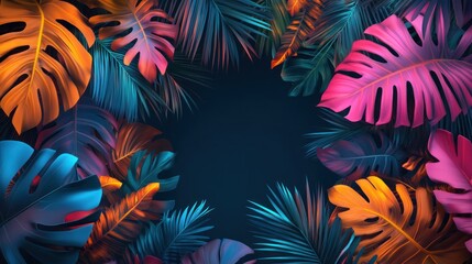 Vibrant Tropical Leaves Frame Dark Background