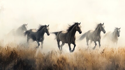 Fototapeta premium Pack of wild horses galloping across an open prairie, dust kicking up, freedom and wild energy 