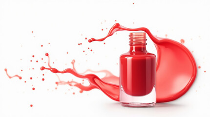 Red nail polish in a bottle on a red splash background, white background