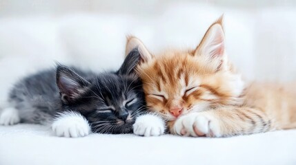 Two kittens sleeping peacefully on a soft surface