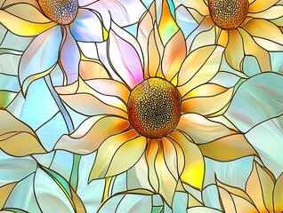 A stunning digital illustration of sunflowers in a stained glass style, featuring soft pastel colors, intricate details, and a glowing artistic effect.