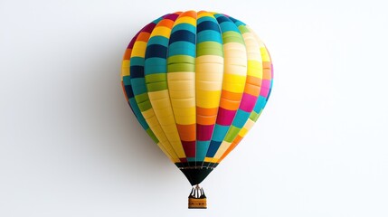 Fototapeta premium Colorful hot air balloon floats against white background; travel, adventure concept