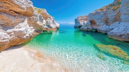 Fototapeta premium Secluded cove, turquoise water, white cliffs, sunny day, idyllic beach escape