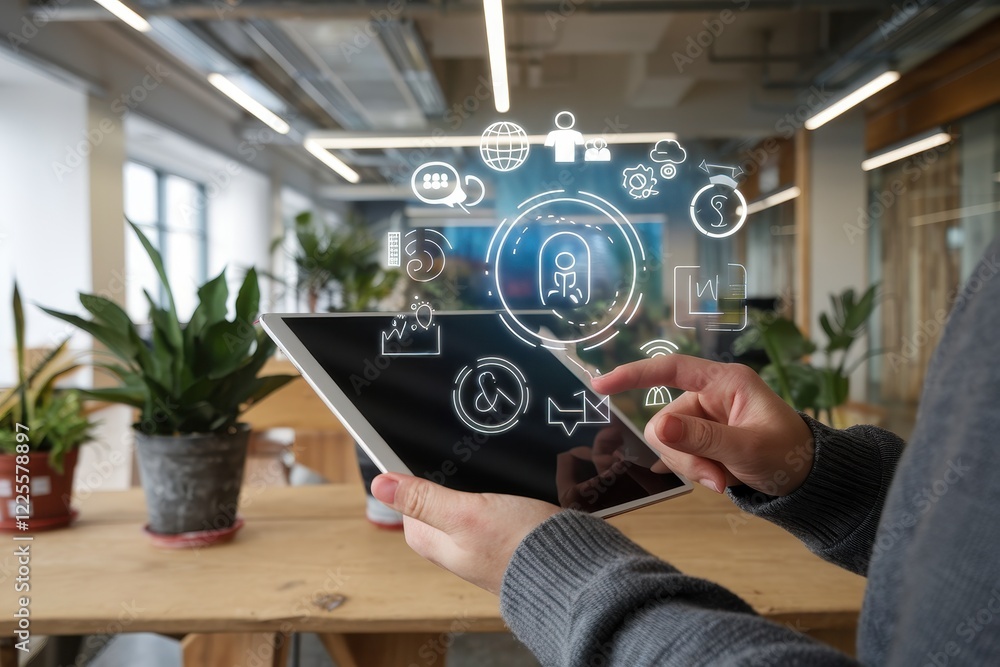 Poster digital transformation:person using tablet with holographic interface