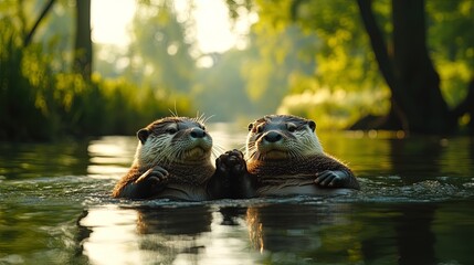 Fototapeta premium Otters holding hands while floating on a calm river, serene and gentle mood, playful scene 